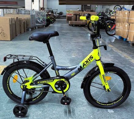 Велосипед 16" Corso MAXIS MX-40771 рама сталь, ножные тормоза, багажник, дополнительные колеса серо-желтый